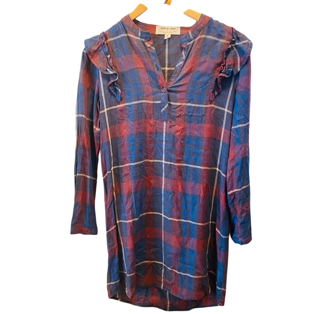 Cloth & Stone for Anthropologie Plaid Ruffled Dress Blue Red Boho Sz XS - Picture 5 of 11